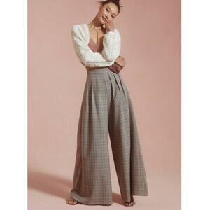 Anthropologie Corey Lynn Calter Pleated Wide-Leg Plaid Trousers Brown Medium